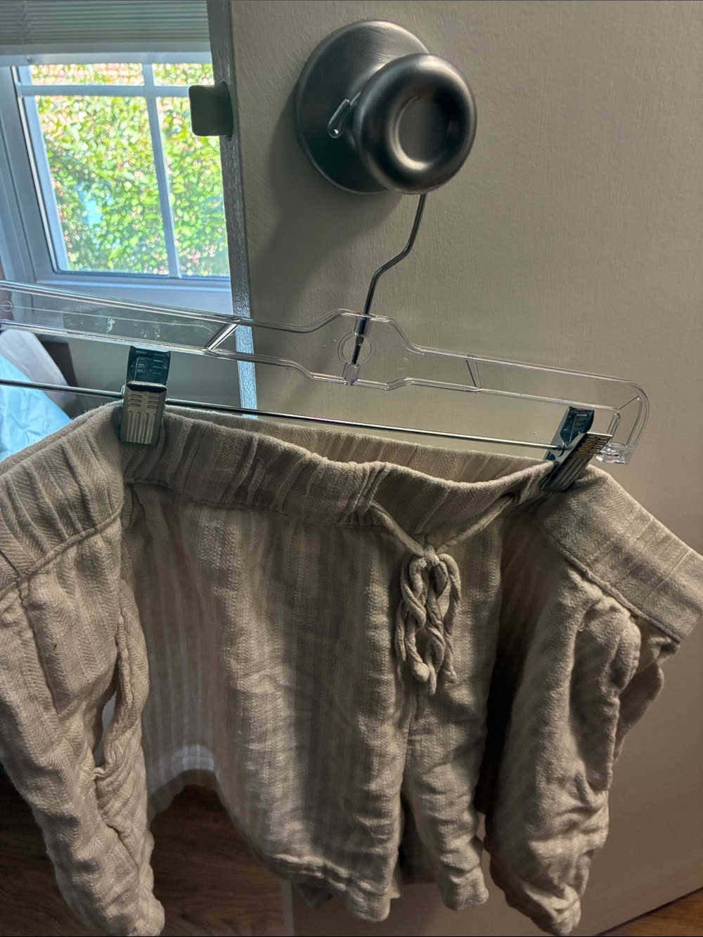 Time and Tru High-Waist Drawstring Linen-Blend Shorts in Taupe